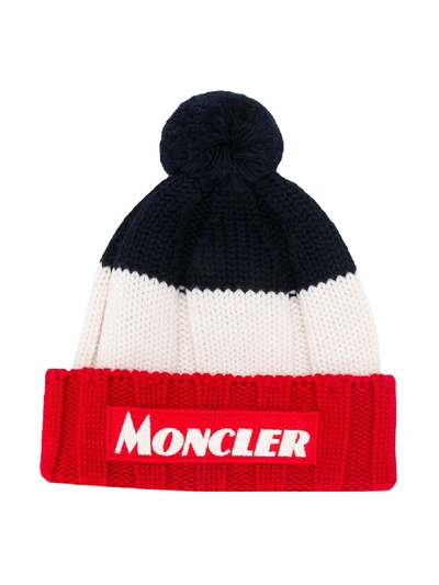 Moncler Kids' Knitted Stripe Hat In Blue