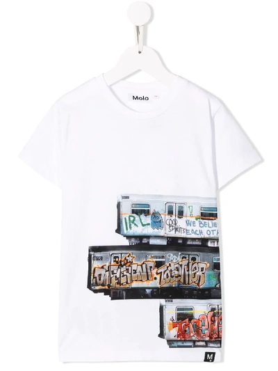 Molo Kids' Tram Print Short Sleeve T-shirt In White