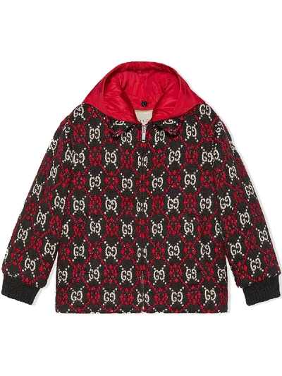 Gucci Kids' Gg Logo Hooded Wool Blend Bomber Jacket In Nero+rosso