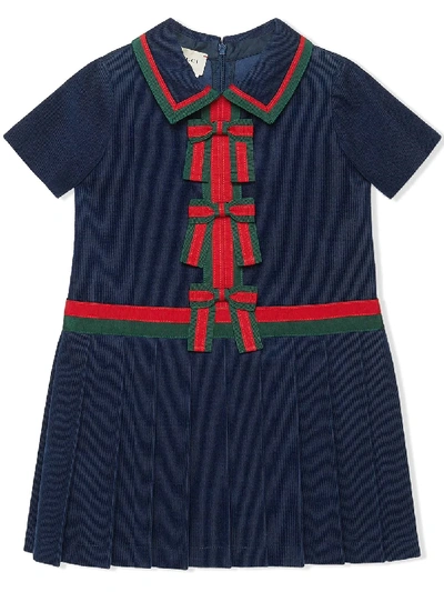 Gucci Kids' Short-sleeve Corduroy Dress W/ Web Bows, Size 4-12 In Blue