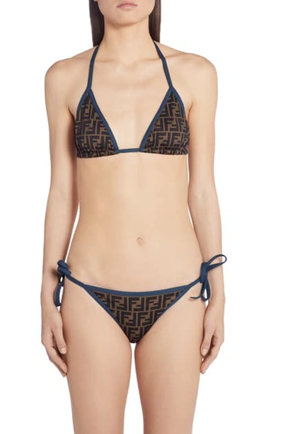 Fendi Ff Logo Two-piece Swimsuit In Dark Blue Brown