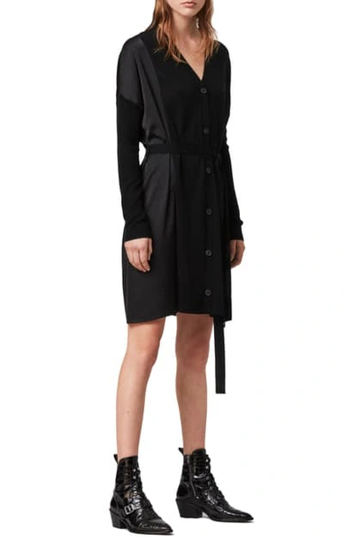 Allsaints Iva Long Sleeve Button-up Mixed Media Dress In Black