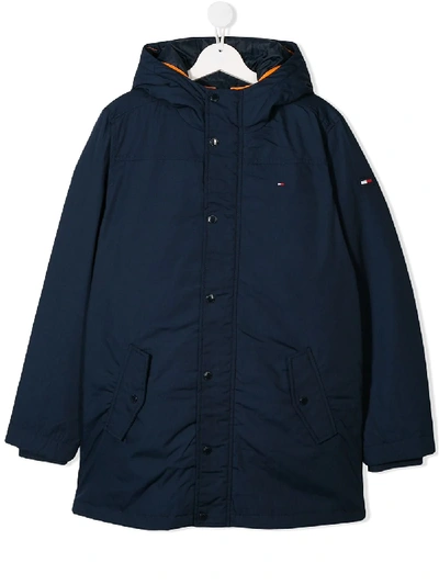 Tommy Hilfiger Junior Kids' Embroidered Logo Hooded Coat In Blue