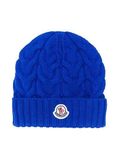Moncler Kids' Cable Knit Beanie Hat In Blue