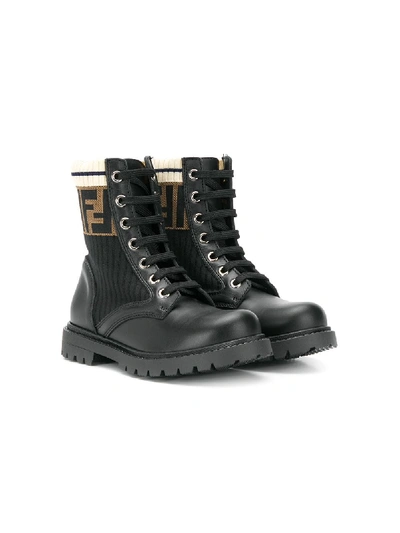 Fendi Kids' Ff Motif Lace-up Leather Boots In Black