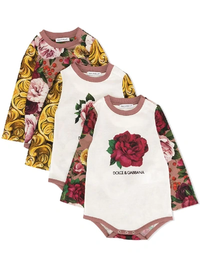 Dolce & Gabbana Babies' Set Of Three Baroque Floral Print Bodysuits In Multicolour