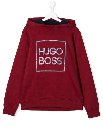 Hugo Boss Teen Logo Print Hoodie In Red