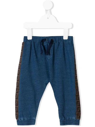 Fendi Babies' Ff Logo Stripe Denim Track Trousers In Blue