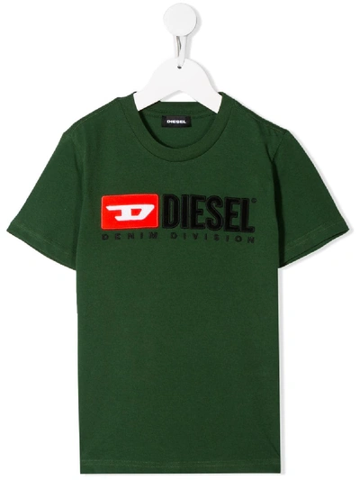 Diesel Kids' Tjustdivision Embroidered Logo T-shirt In Green