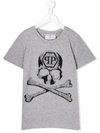 PHILIPP PLEIN JUNIOR SKULL AND CROSSBONES CRYSTAL EMBELLISHED T-SHIRT