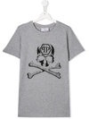Philipp Plein Junior Teen Crystal Embellished Skull And Crossbones T-shirt In Grey
