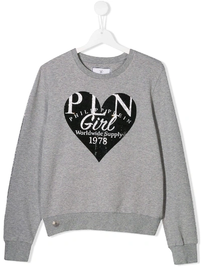 Philipp Plein Junior Teen Crystal Embellished Heart Sweatshirt In Grey