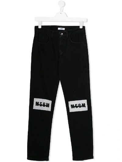 Msgm Teen Distressed Logo Jeans In Black