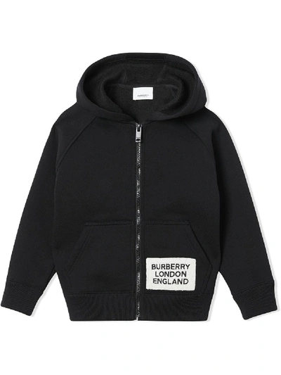 Burberry Kids' Boy's Zip-up Hooded Jacket W/ Logo Patch In Nero