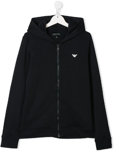 Emporio Armani Kids' Logo Embroidered Hoodie In Blue