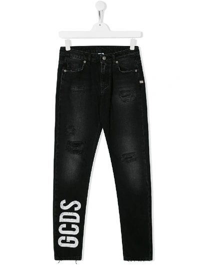 Gcds Kids' Logo Distressed Jeans In Black