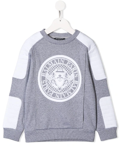 Balmain Kids' Logo印花拼接套头衫 In Grey,white