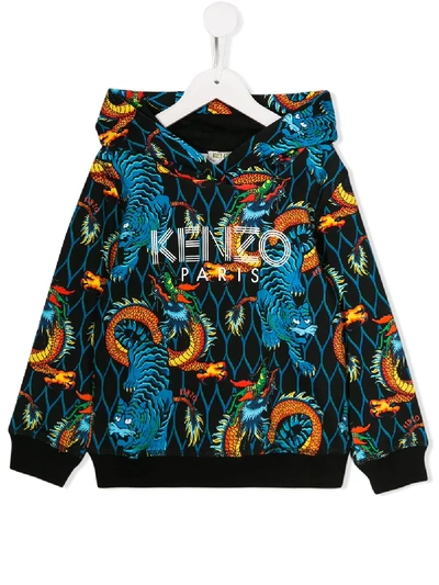 Kenzo Kids' Tiger Print Hoodie In Black