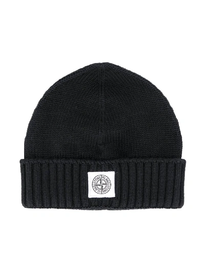 Stone Island Junior Kids' Logo Patch Beanie In Black