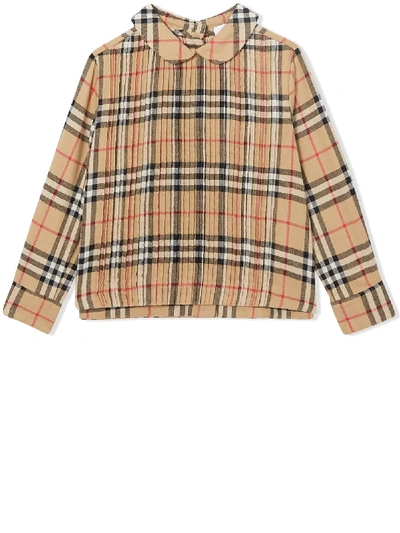 Burberry Kids' Pintuck Detail Vintage Check Blouse In Archive Beige Check