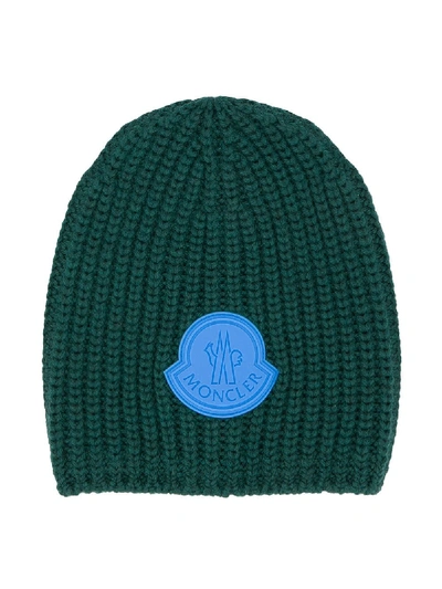 Moncler Kids' Ribbed Knit Beanie In Green