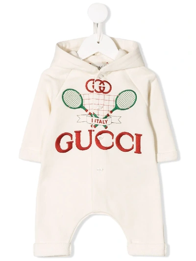 Gucci Babies' Tennis Logo Hooded Romper In White