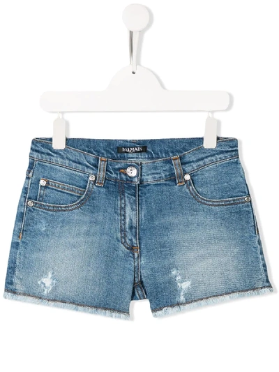 Balmain Kids' Distressed Jean Shorts In Blue