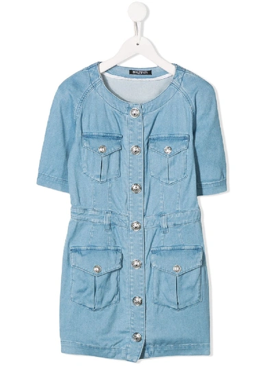 Balmain Kids' Button Down Denim Dress In Blue