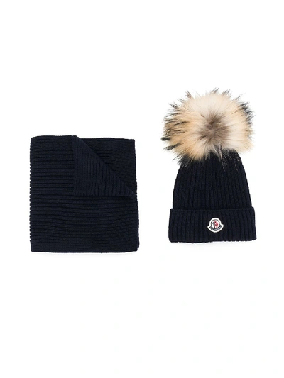 Moncler Kids' Beanie And Scarf Set In Blue