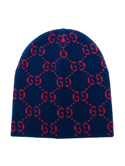 Gucci Kids' Gg针织套头帽 In Blue