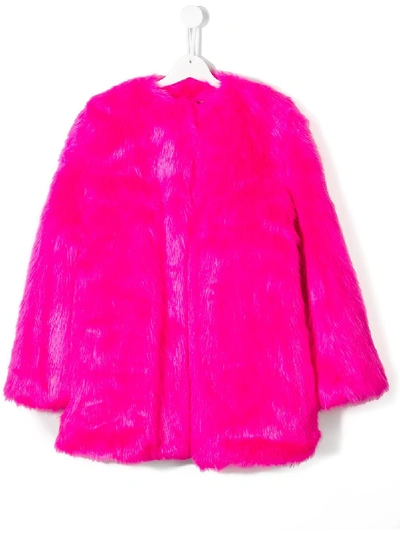 Msgm Teen Collarless Faux Fur Coat In Pink