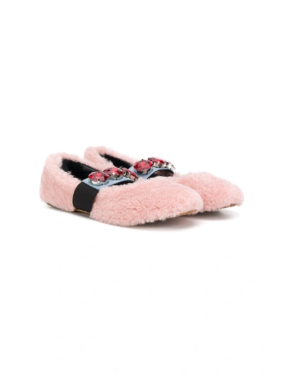 Marni Kids' Embellished Shearling Ballerina Shoes In Pink