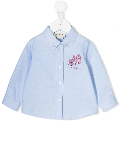 Gucci Babies' Flying Tiger Embroidered Button Down Shirt In Blue