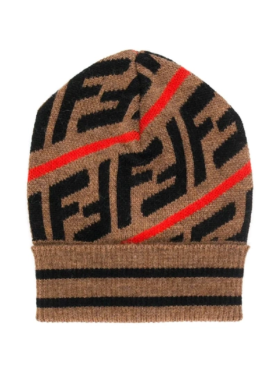 Fendi Kids' Ff Intarsia Beanie In Brown