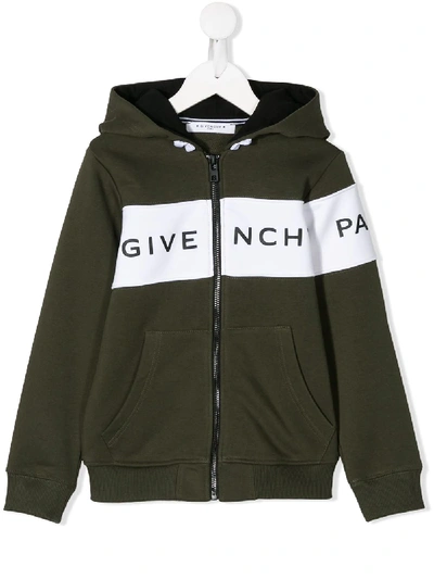 Givenchy Kids' Logo条纹连帽夹克 In Green