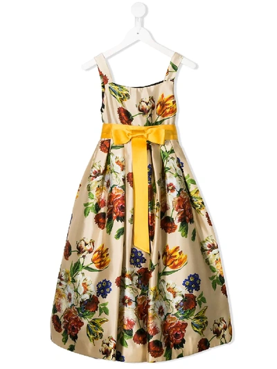Dolce & Gabbana Kids' Floral Print Empire Line Gown In Neutrals