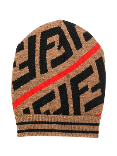 Fendi Kids' Intarsia-knit Monogram Beanie Hat In Brown