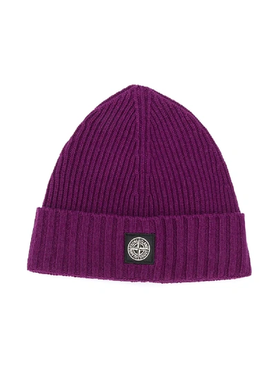 Stone Island Junior Kids' Knitted Logo Patch Beanie Hat In Purple