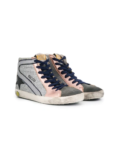 Golden Goose Kids' Distressed High Top Trainers In Silver