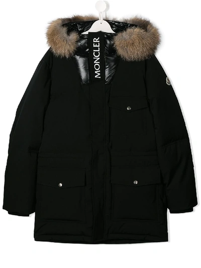 Moncler Teen Hooded Down Parka In Black