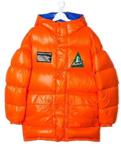 Moncler Teen Triangle Patch Padded Coat In Orange