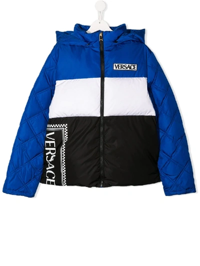Young Versace Teen Padded Colour Blocked Jacket In Blue