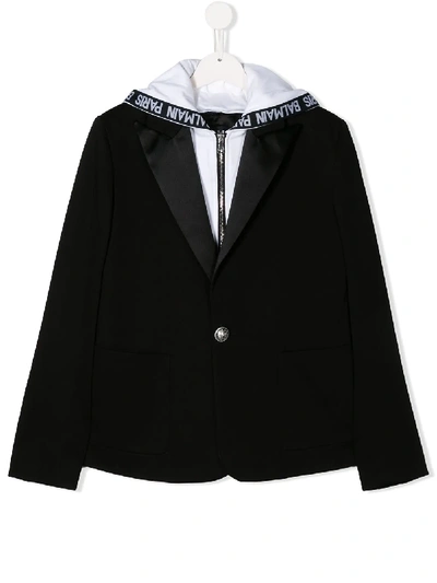 Balmain Kids' Hooded Cotton Gabardine Jacket In Black