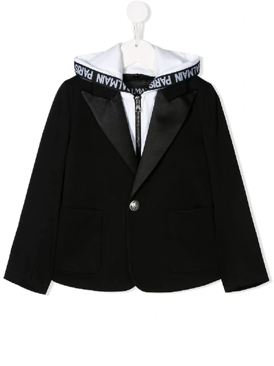 Balmain Kids' Hooded Cotton Gabardine Jacket In Black