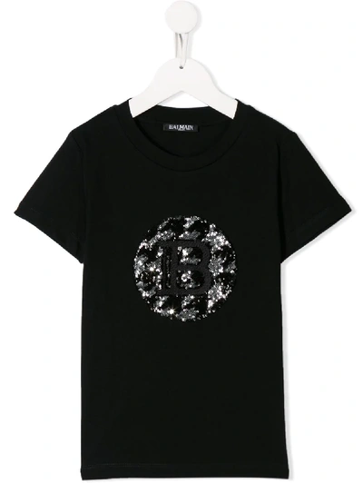 Balmain Kids' Cotton T-shirt With Sequins In Nera