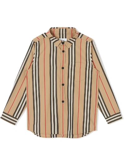 Burberry Kids' Boy's Fredrick Icon Stripe Long-sleeve Shirt, Size 3-14 In Beige