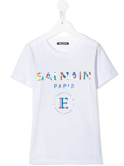 Balmain Unisex Kid White T-shirt With Iridescent Logo