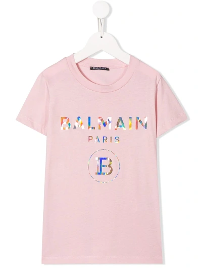 Balmain Kids' Girl's Metallic Logo Short-sleeve Shirt In Pink