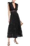 ZIMMERMANN POMPOM-TRIMMED BRODERIE ANGLAISE AND EMBROIDERED COTTON-BLEND MIDI SKIRT,3074457345622640696