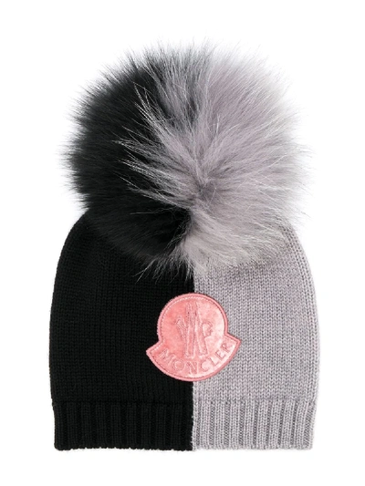 Moncler Kids' Two-tone Logo Beanie In Black